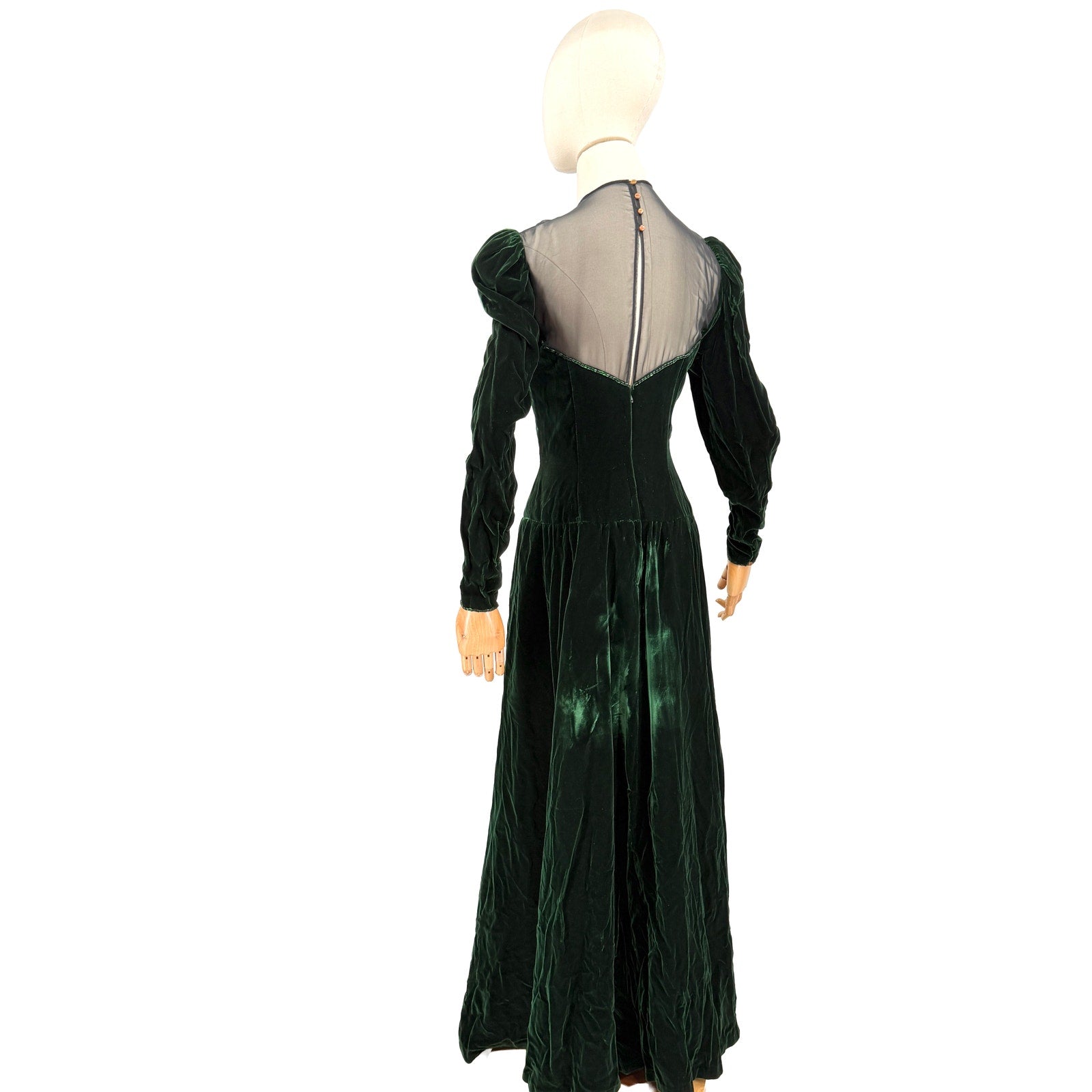 Vintage 80s Blanca Rubiera Original Green Velvet Sheer Mesh Formal Dress