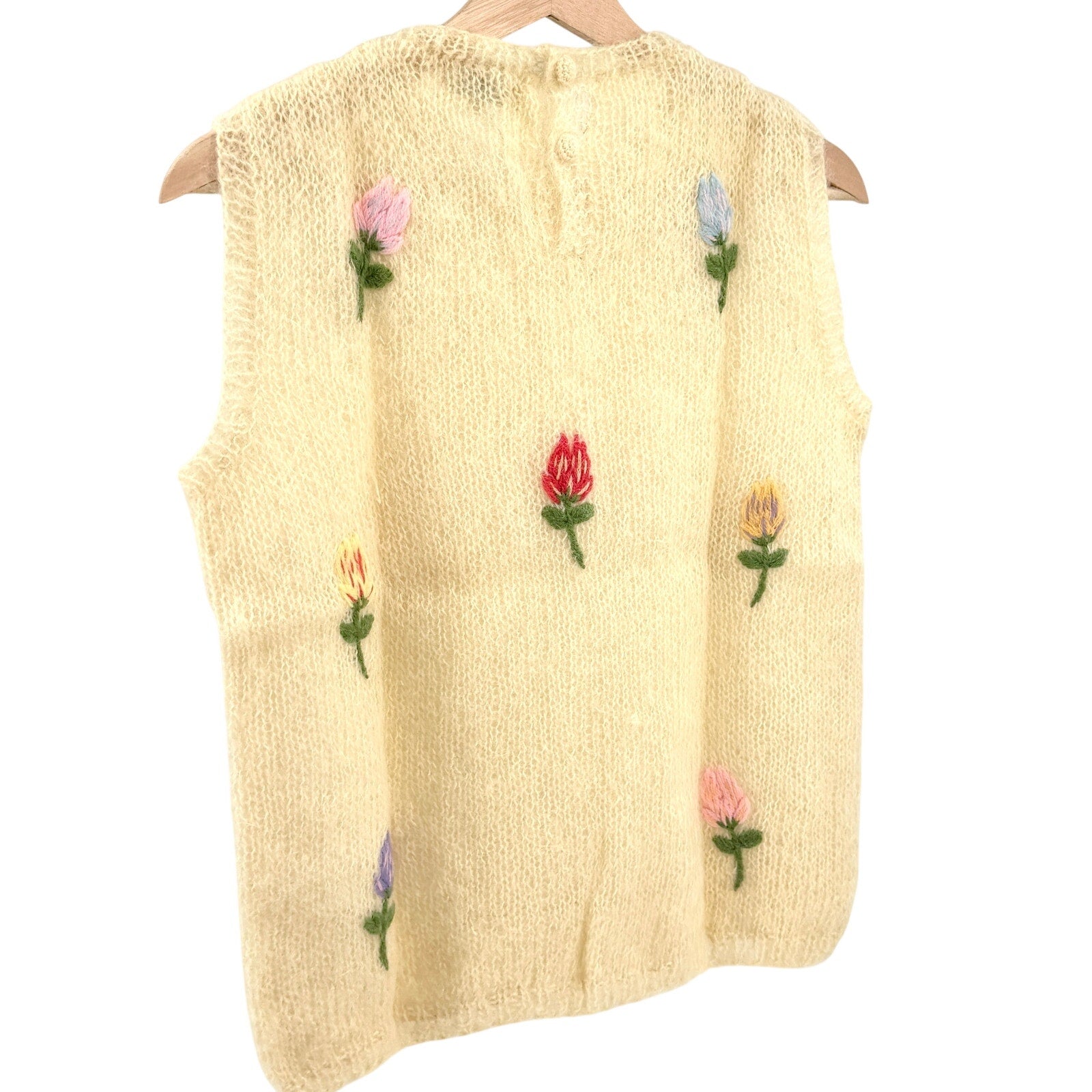 Vintage 70s Cyn Les Cream Floral Hand Knit Sleeveless Mohair Sweater Vest