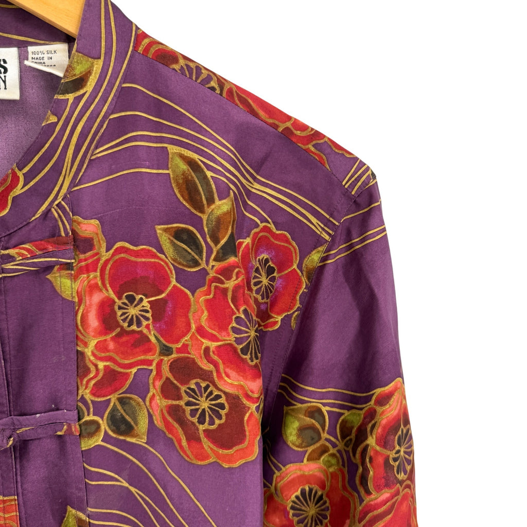 Vintage 90s Chico's Purple 100% Silk Floral Frog Button Mandarin Blouse