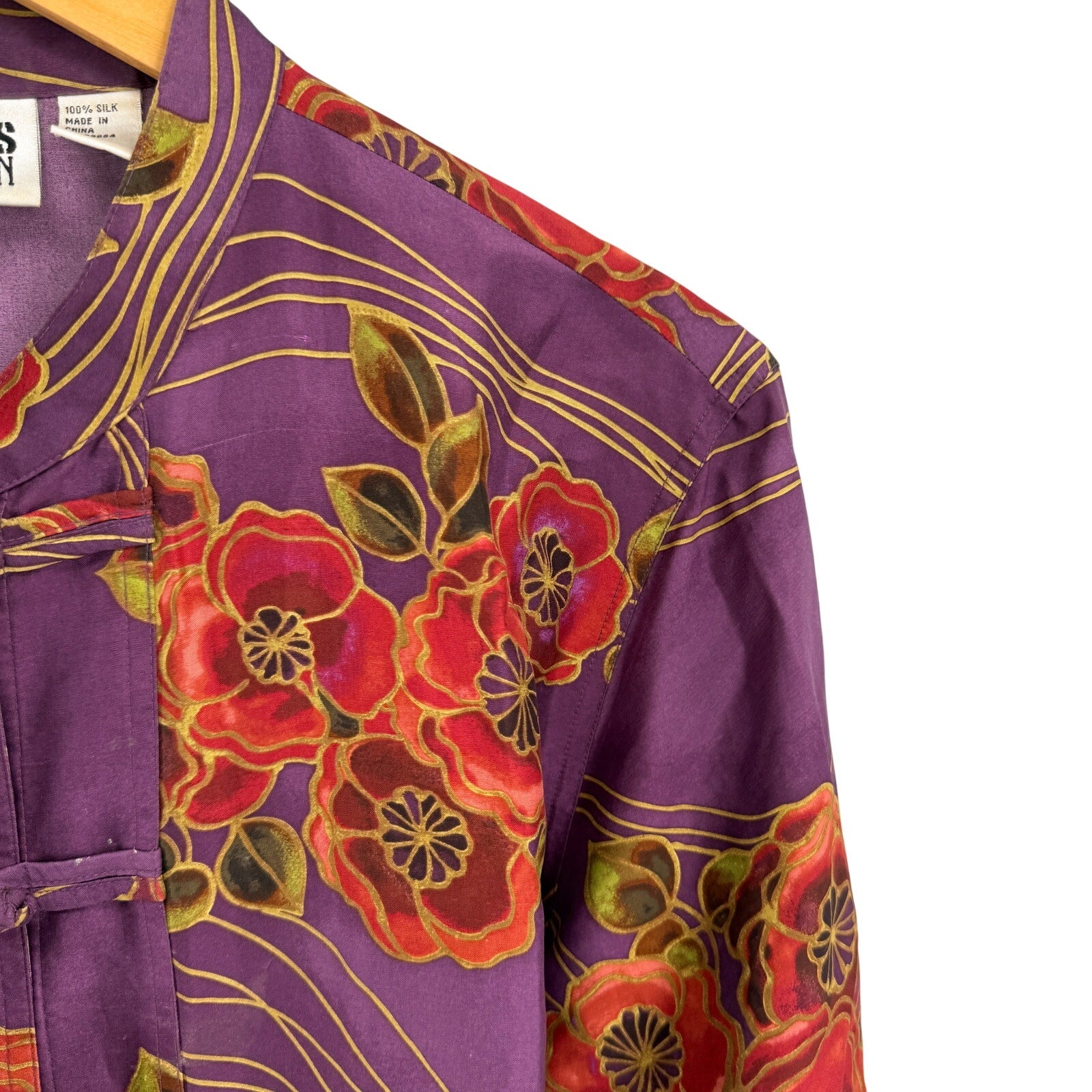 Vintage 90s Chico's Purple 100% Silk Floral Frog Button Mandarin Blouse