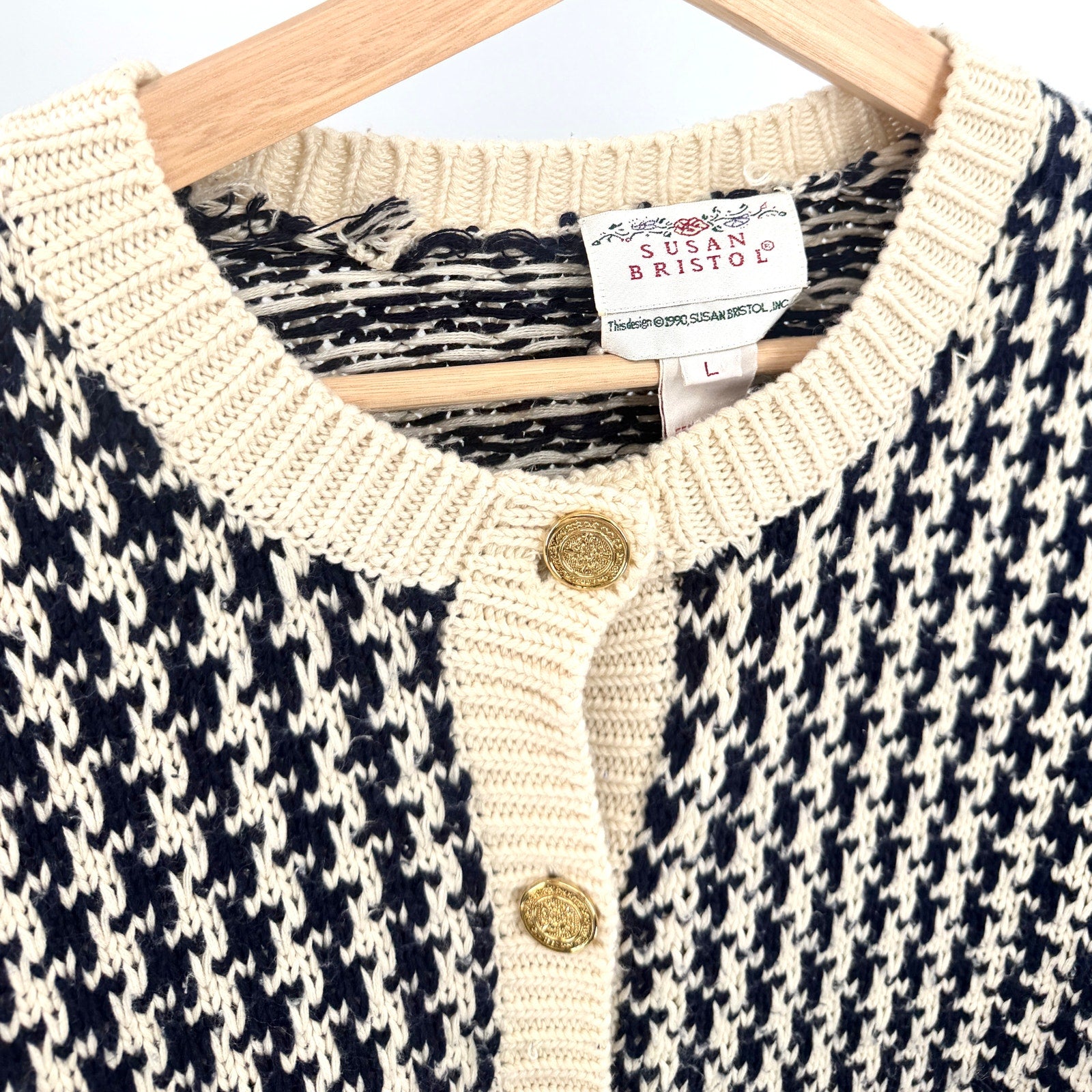 Vintage 90s Susan Bristol Navy Cream Houndstooth Gold Button Cardigan