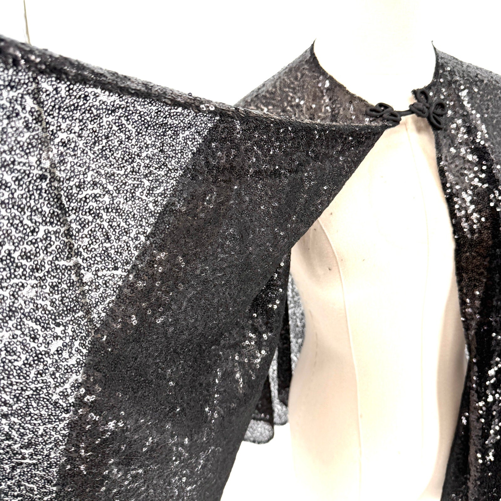 Black Sheer Sequin Evening Capelet Cloak With Frog Closure