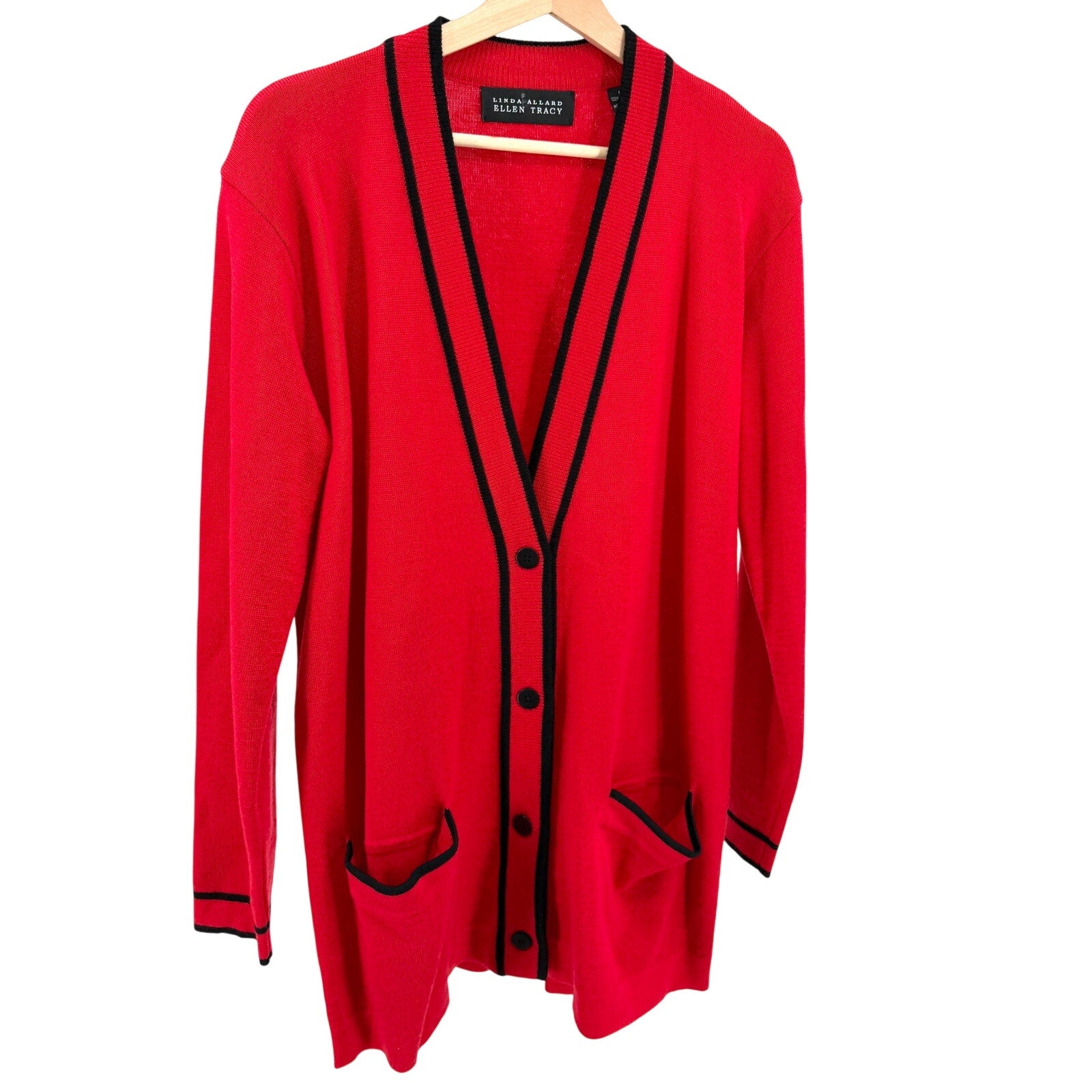 Vintage 90s Linda Allard Ellen Tracy Red 100% Wool Cardigan Sweater