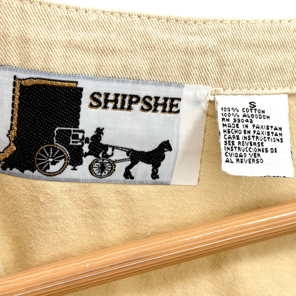 Vintage 90s Shipshe Khaki 100% Cotton Animal Patch Studded Fringe Hem Dress