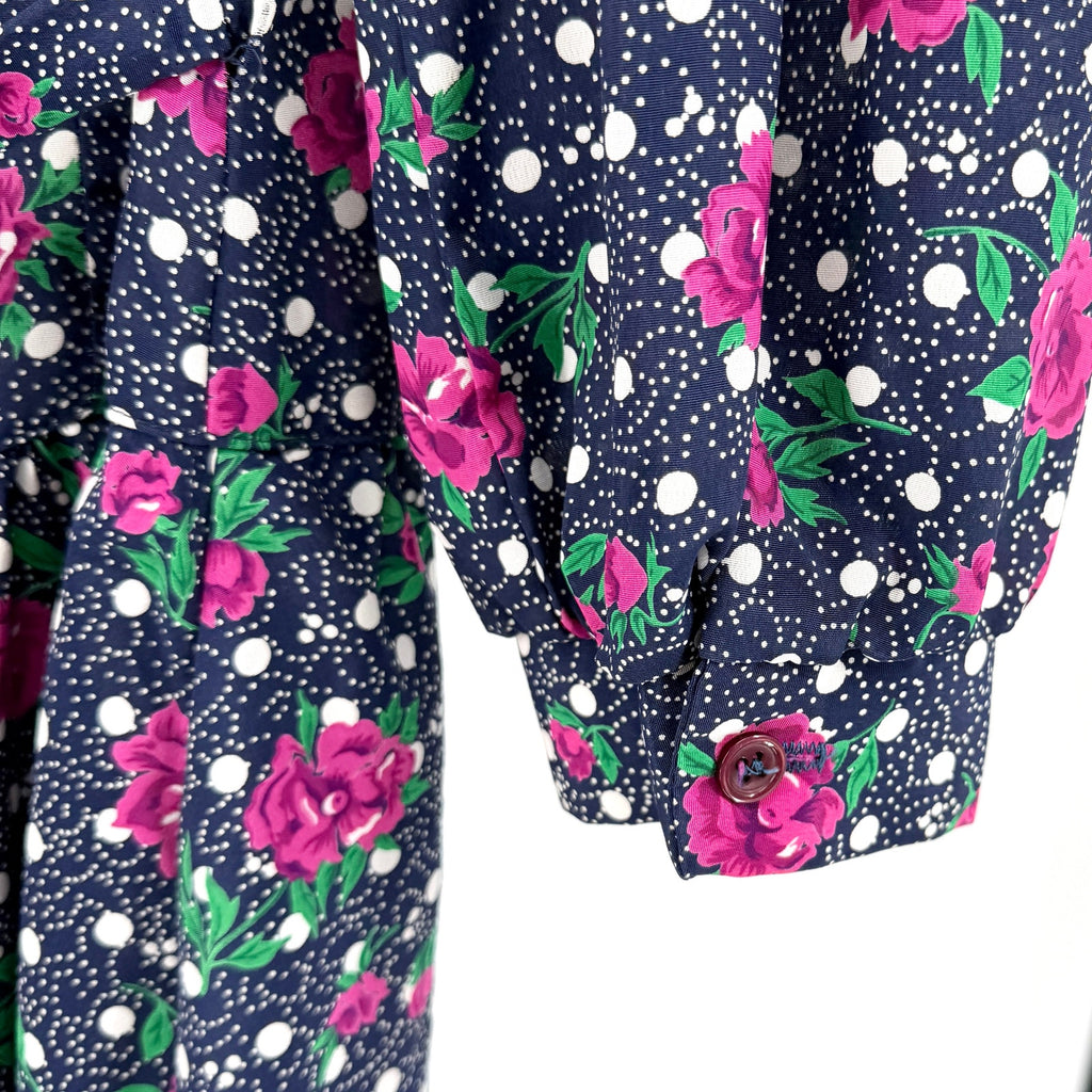 Vintage 80s Blue Floral Polka Dot Sweetheart Dropped Waist Sailboat Collar Dress