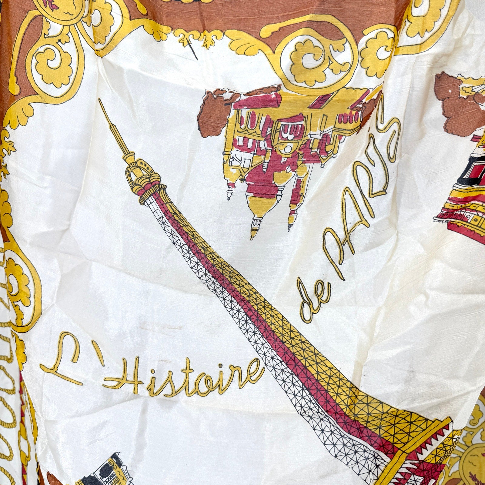 Vintage 80s Ange D'Or de Paris Cream 100% Silk Eiffel Tower Scarf