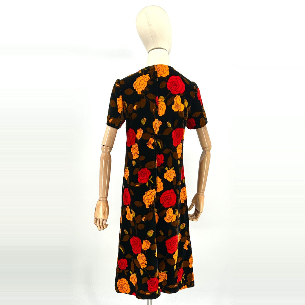 Vintage 90s Handmade Black Velvet Yellow Red Rose Floral Romantic Blouse