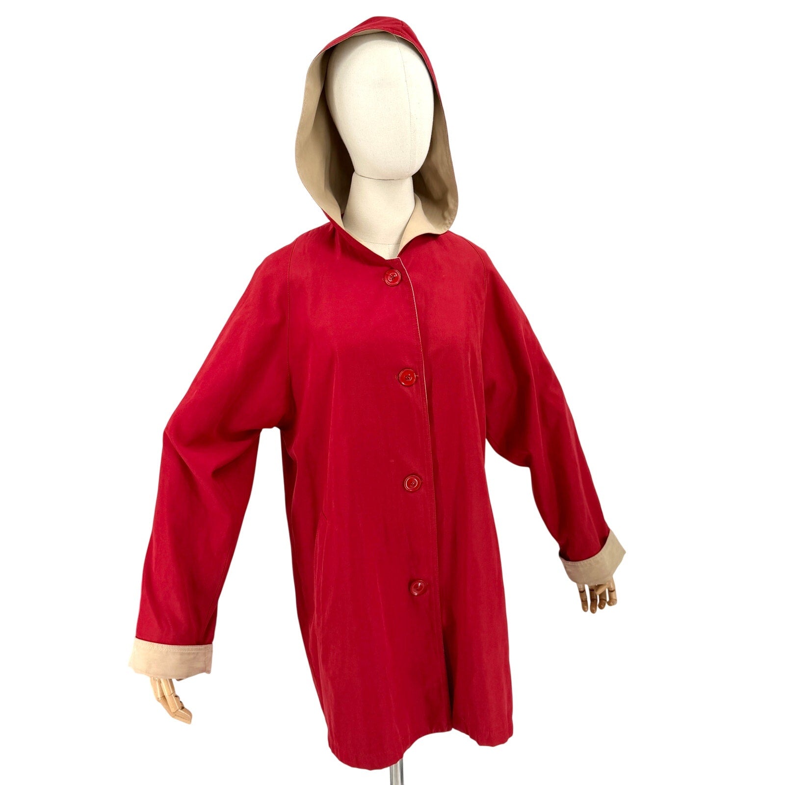 Vintage 80s Sigla's Red Tan Hooded Raincoat Windbreaker Jacket