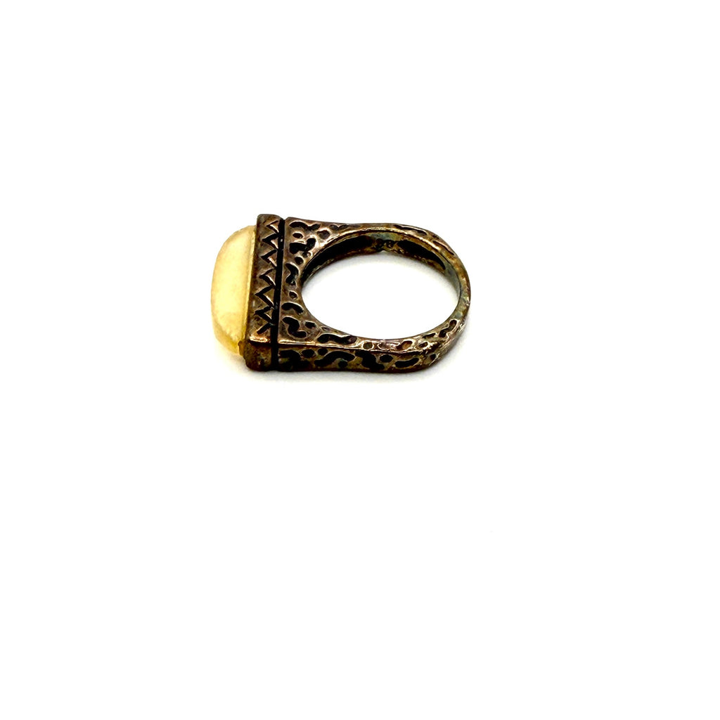 Vintage 90s Honey Amber Sterling Silver Geometric Tribal Stamped Statement Ring
