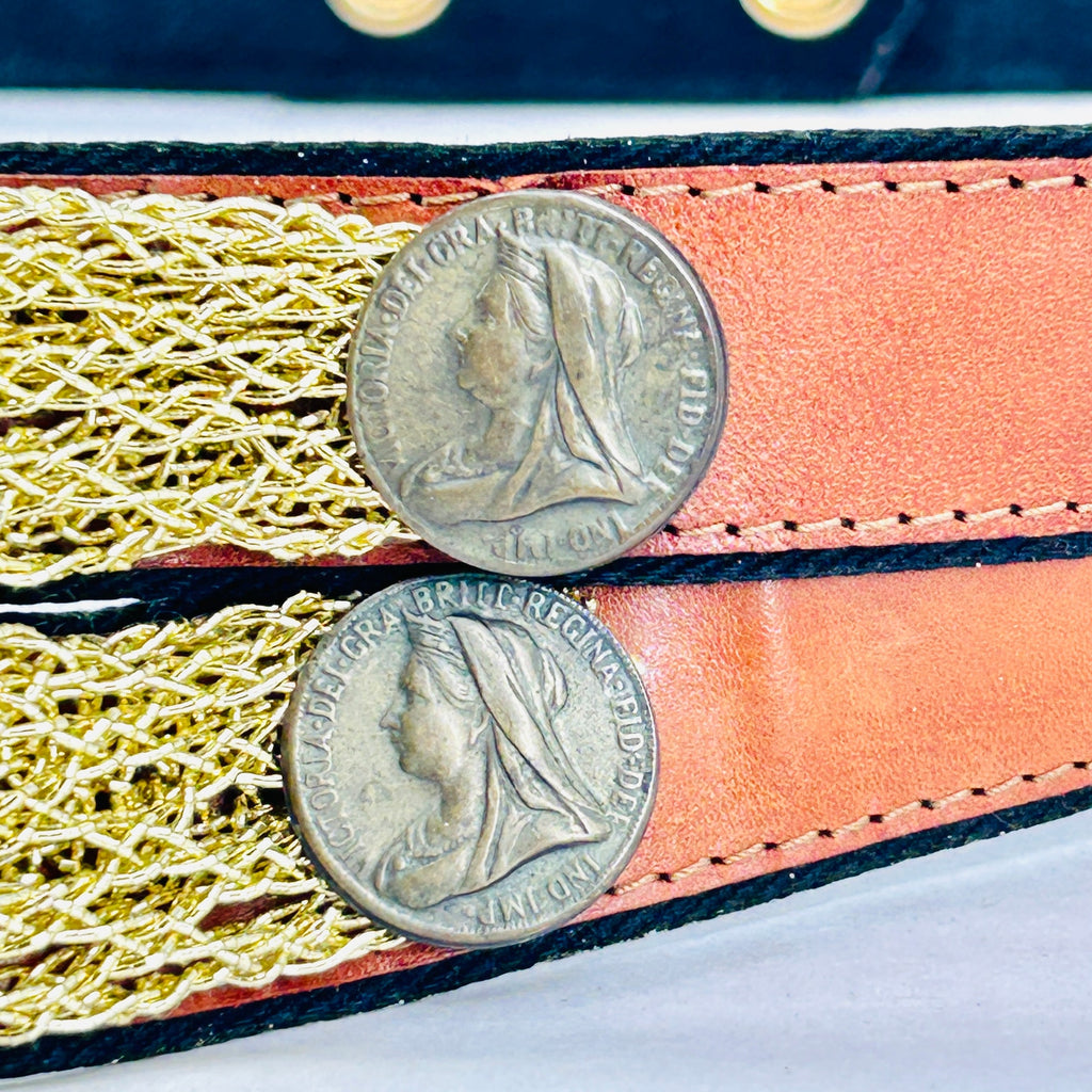 Vintage 80s Queen Victoria Coin Tan Faux Leather & Gold Mesh Belt