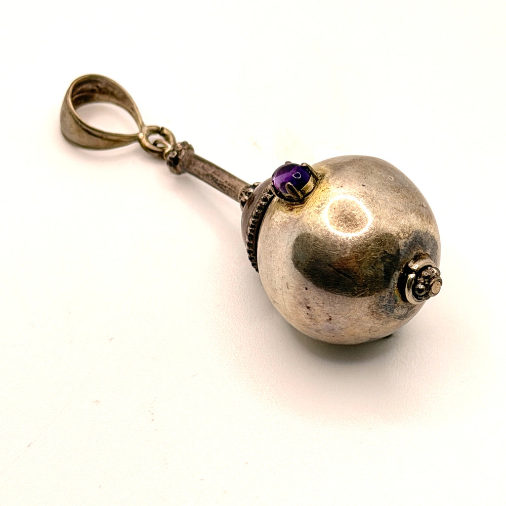Vintage 90s Sterling Silver Amethyst Sculptural Maraca Pendant