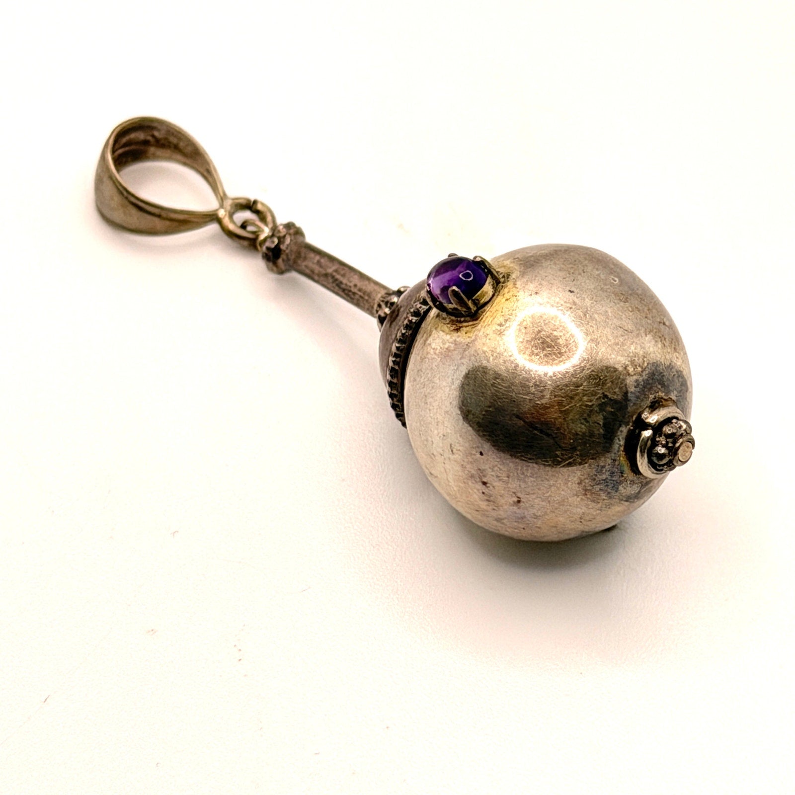 Vintage 90s Sterling Silver Amethyst Sculptural Maraca Pendant