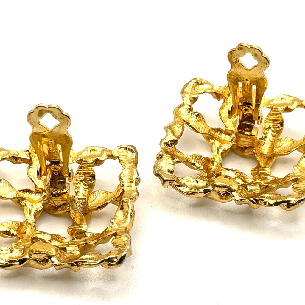 Vintage 80s Gold Tone Twisted Rope Lattice Square Grid Clip On Earrings