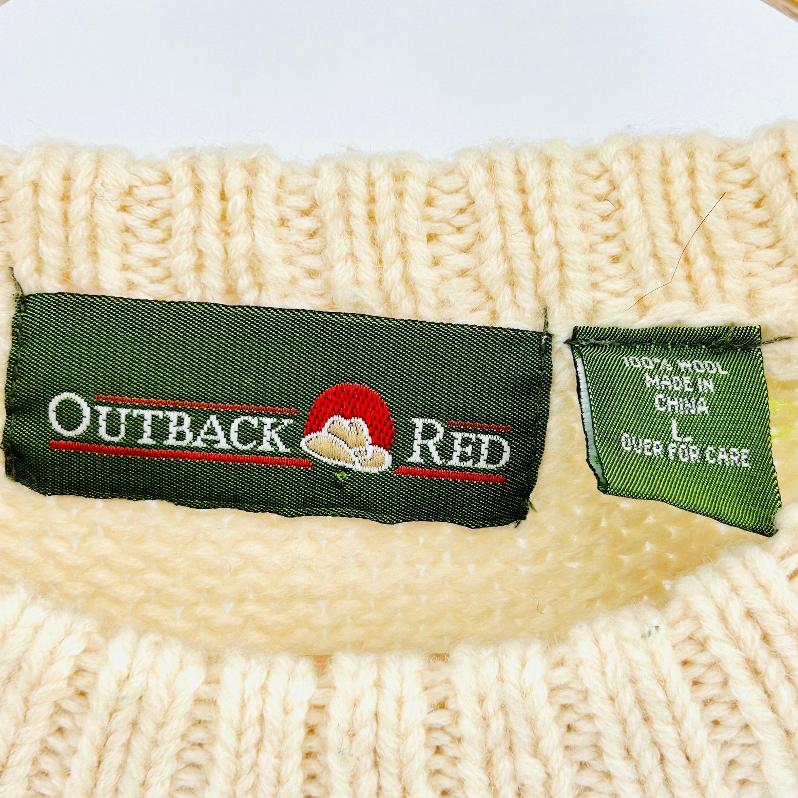 Vintage 80s Outback Red Cream Wool Heavy Knit Geometric Pastel Sweater
