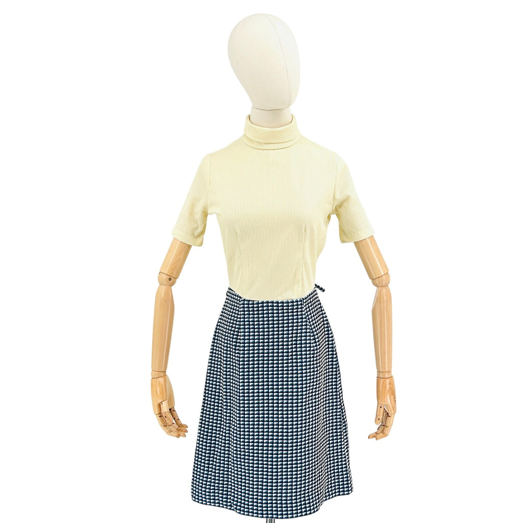 Vintage 70s Cream Blue Houndstooth Mod A-Line Mini Dress