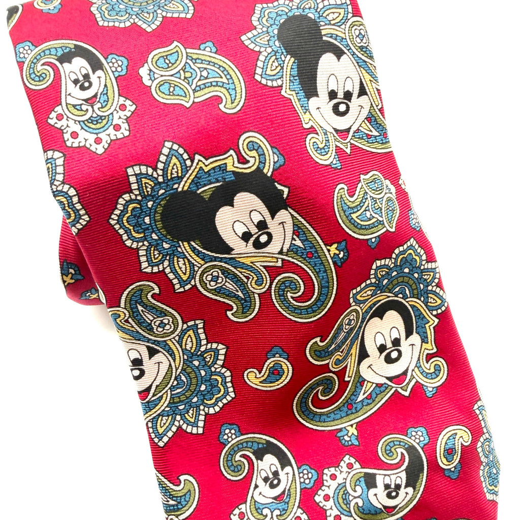 Vintage 90s Disney Red 100% Silk Paisley Mickey Mouse Made in France Necktie