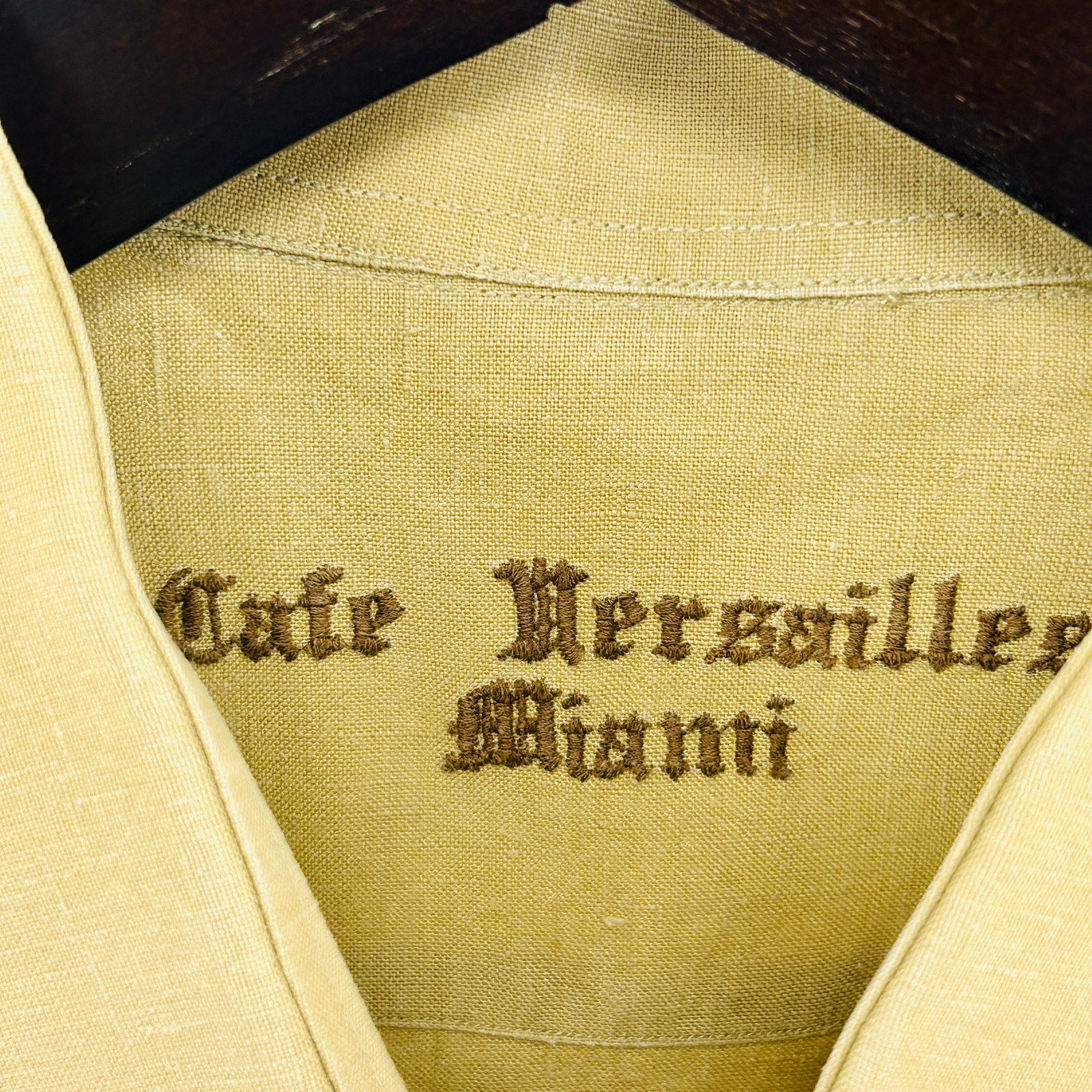 Vintage 70s Cafe Versailles Miami Tan Cotton Linen Long Sleeve Guayabera