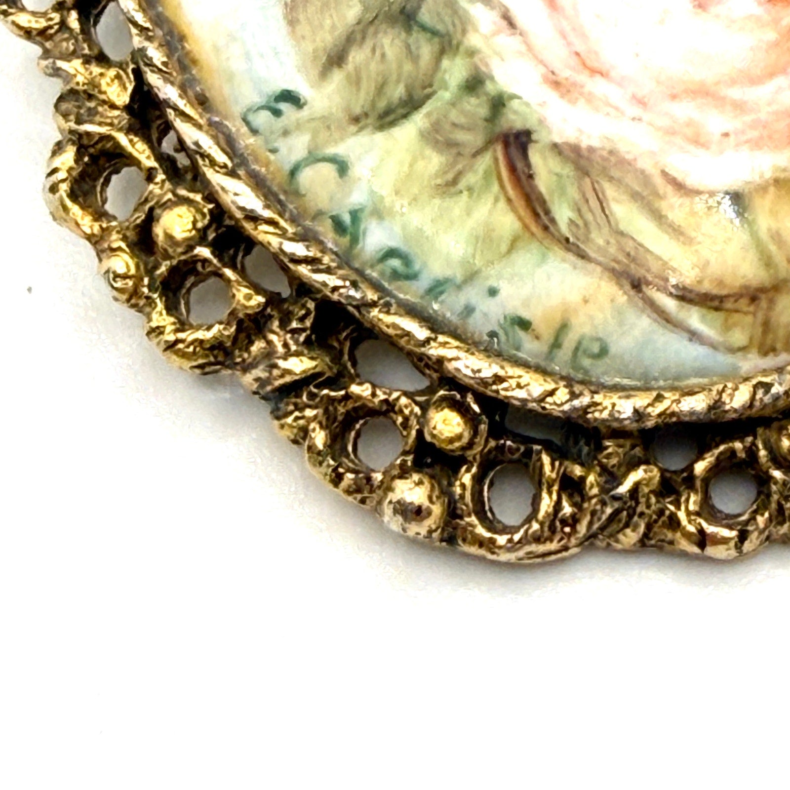 Vintage 60s Artist Signed Floral Porcelain Romantic Hand Painted Brooch