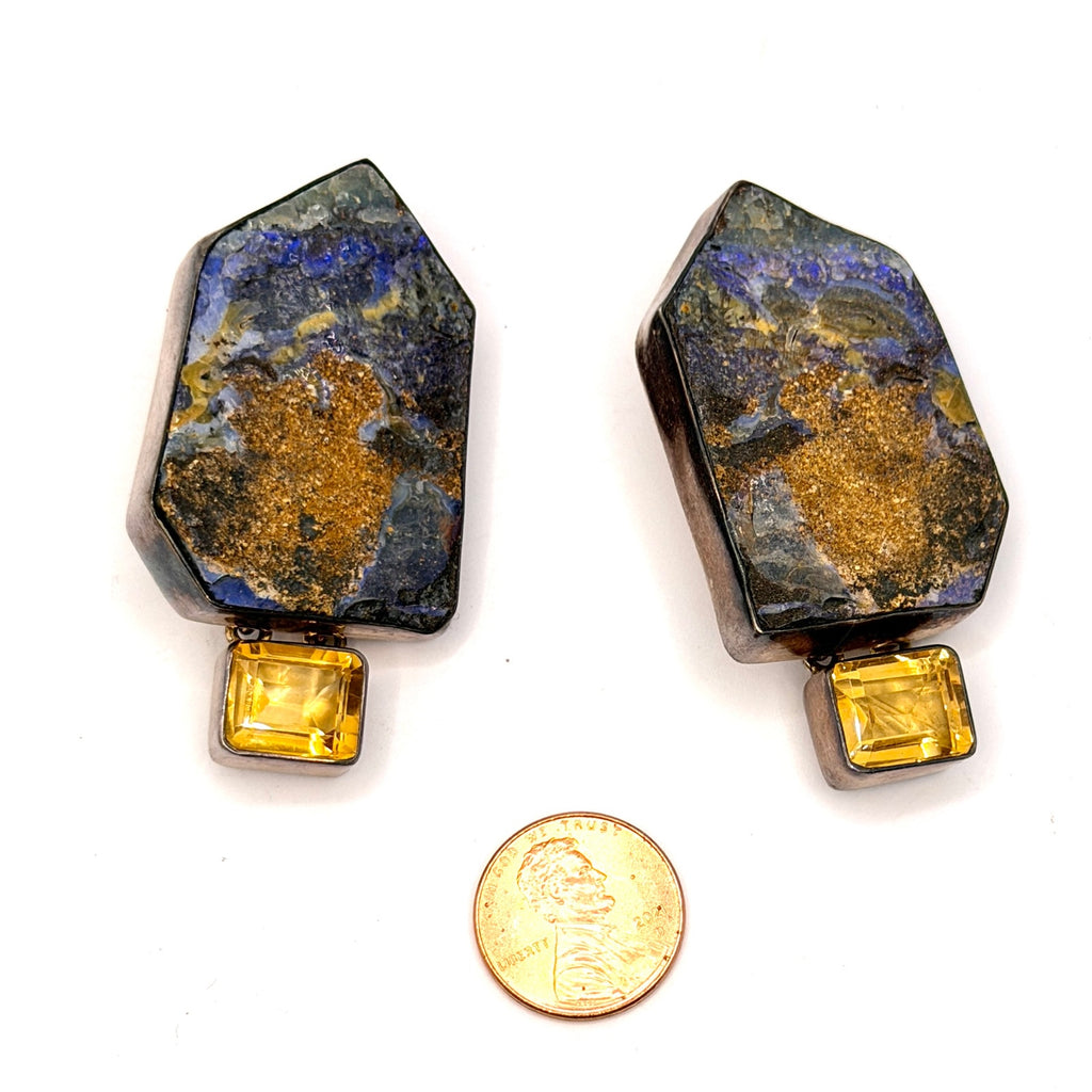 Vintage 90s Signed Amy Kahn Russell Blue Azurite Malachite Citrine Earrings