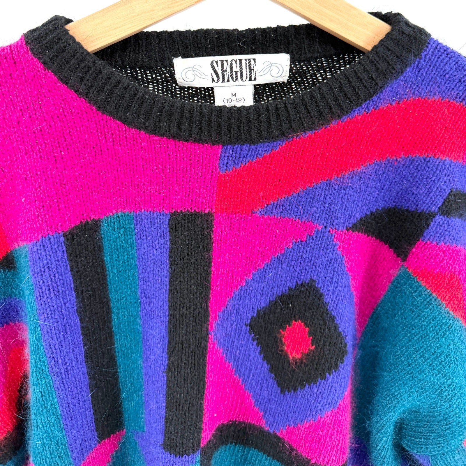 Vintage 90s Segue Multicolor Silk Angora Geometric Abstract Crewneck Sweater