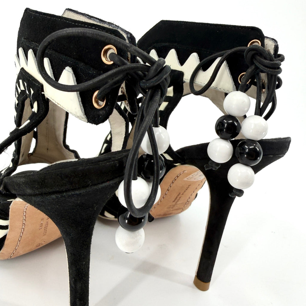 Sophia Webster Black White Genuine Suede Riko Lace Up Stiletto Sandals