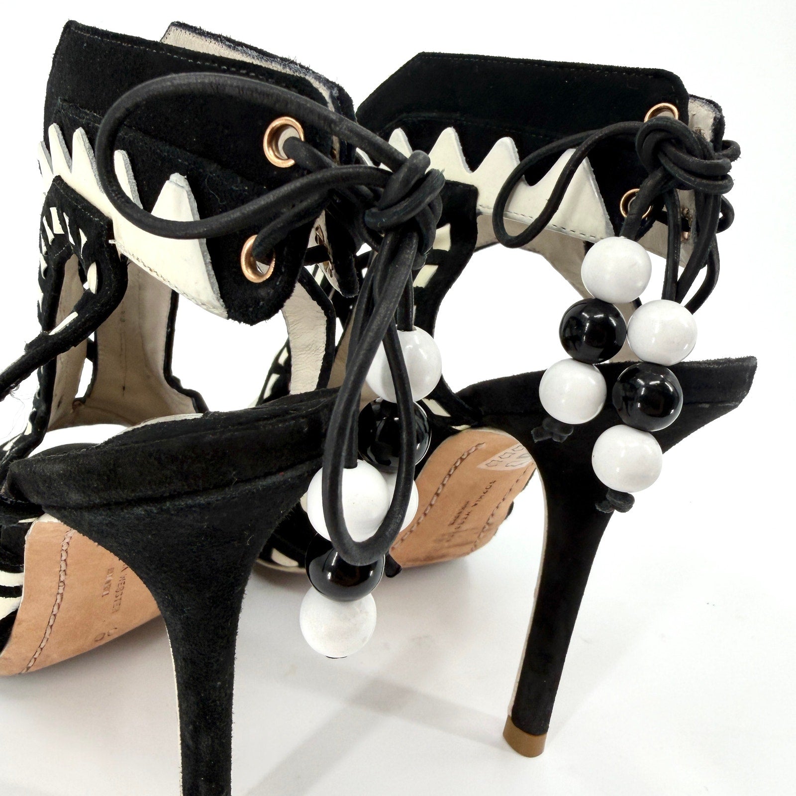 Sophia Webster Black White Genuine Suede Riko Lace Up Stiletto Sandals