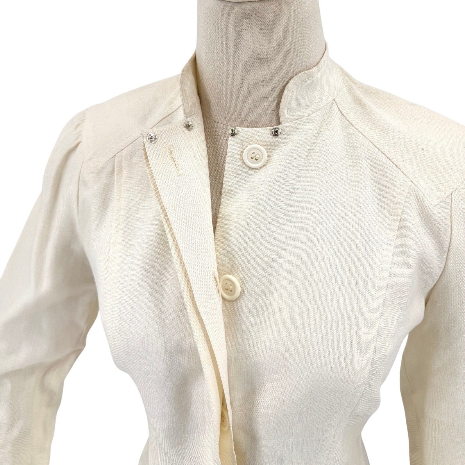 Vintage 80s Albert Nipon Cream Linen Puff Sleeve Jacket