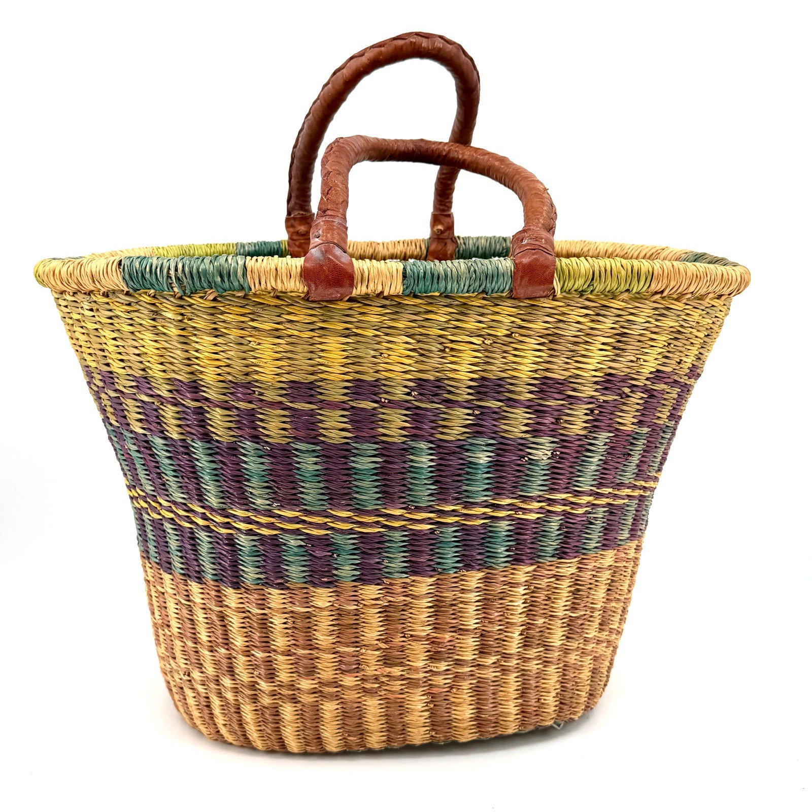 Vintage 80s Handcrafted Large Multi-Color Woven Straw Basket Leather Handle Tote