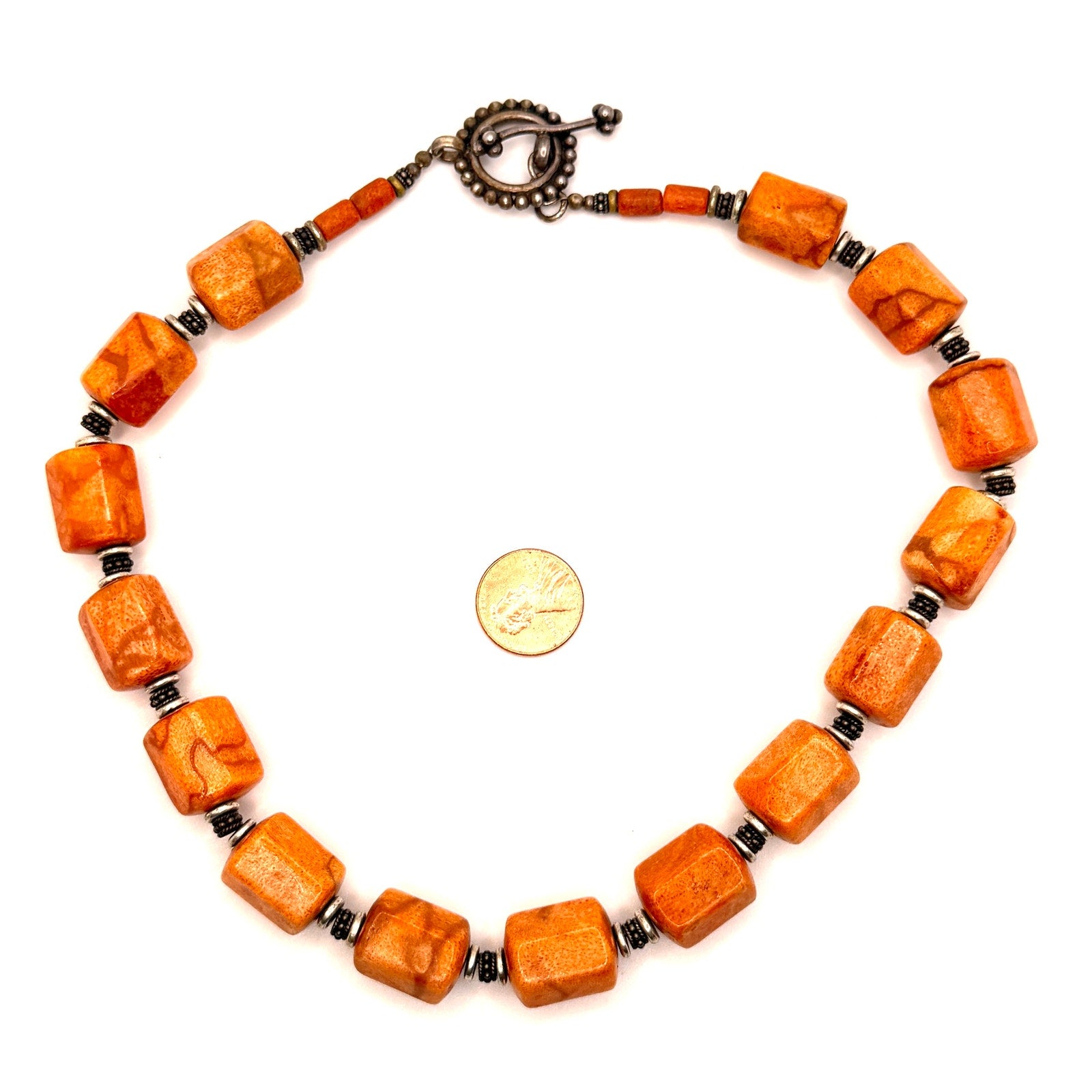 Vintage 90s Orange Sponge Coral Southwestern Barrel Statement Toggle Necklace