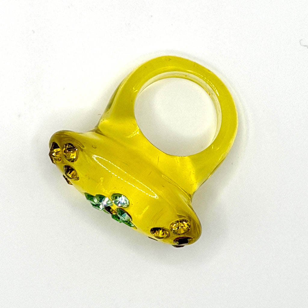 Vintage Y2K Yellow Resin Rhinestone Flower Chunky Dome Ring