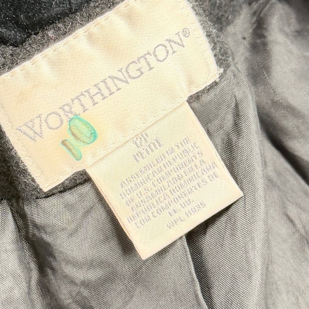 Vintage 90s Worthington Black 100% Wool Velvet Trim Hooded Long Overcoat