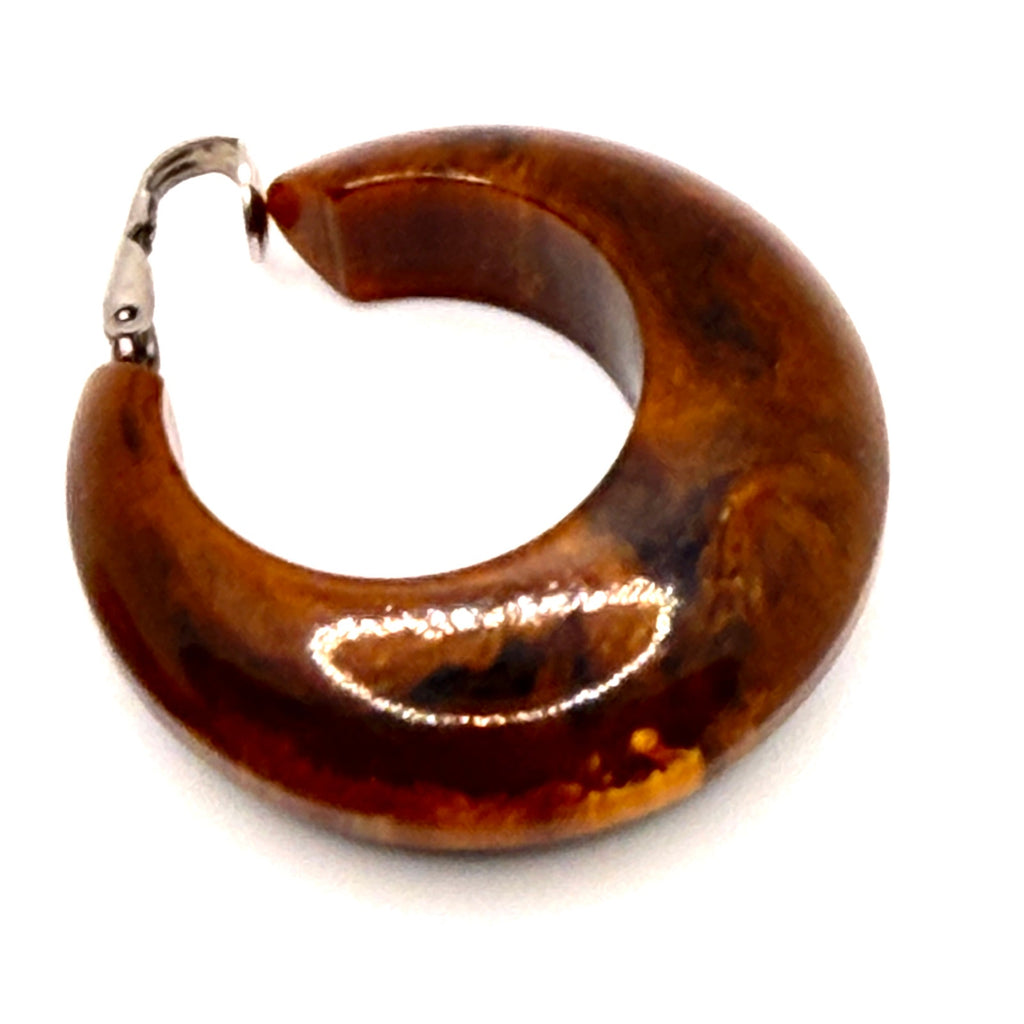 Vintage 70s Brown Tortoise Resin Chunky Crescent Hoop Clip On Earrings