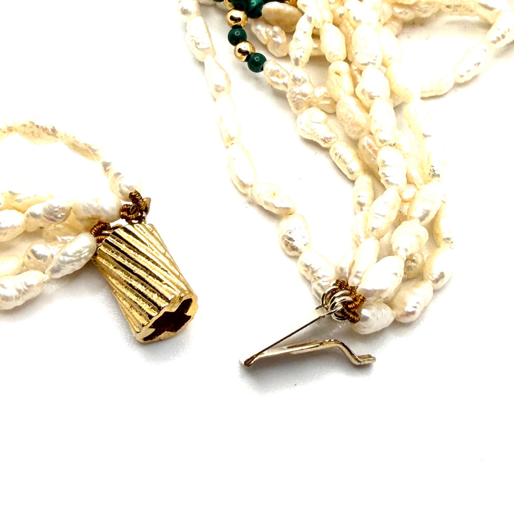 Vintage 80s Multi Strand Rice Pearl Malachite Necklace Bracelet Jewelry Set