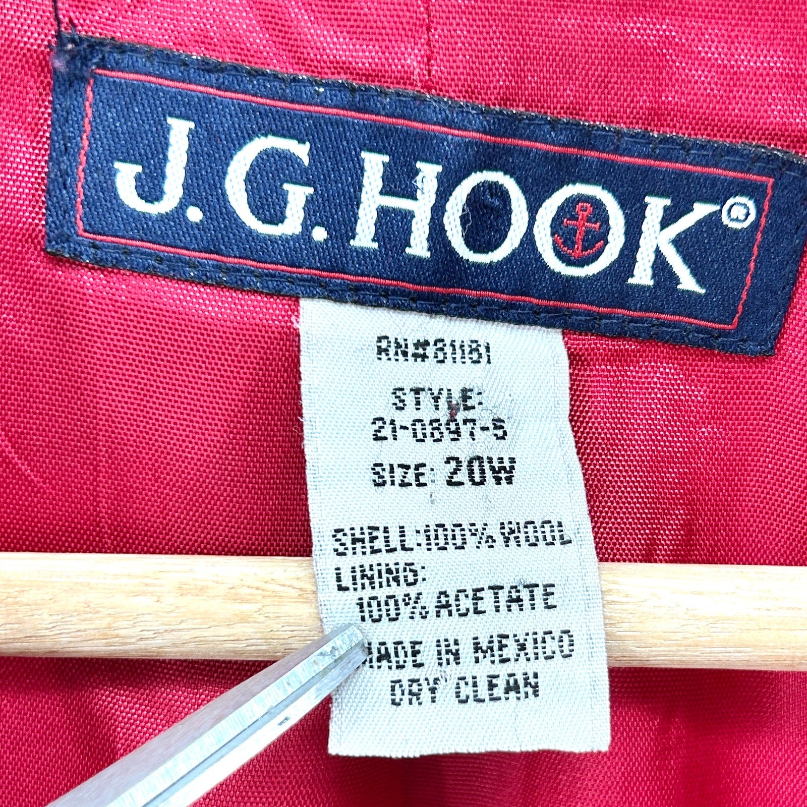 Vintage 90s J.G. Hook Red Tailored 100% Wool Blazer Jacket