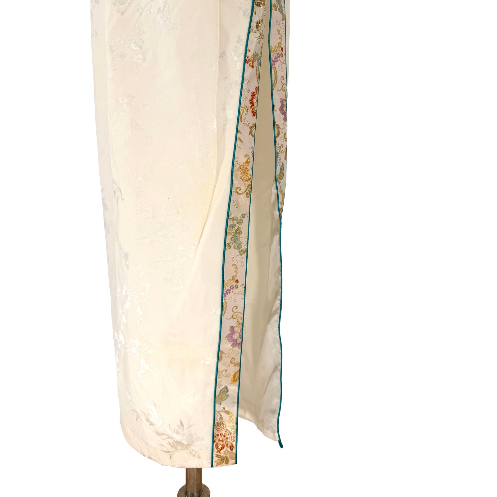 Vintage 90s Cream 100% Silk Brocade Trim Cheongsam Qipao Maxi Dress