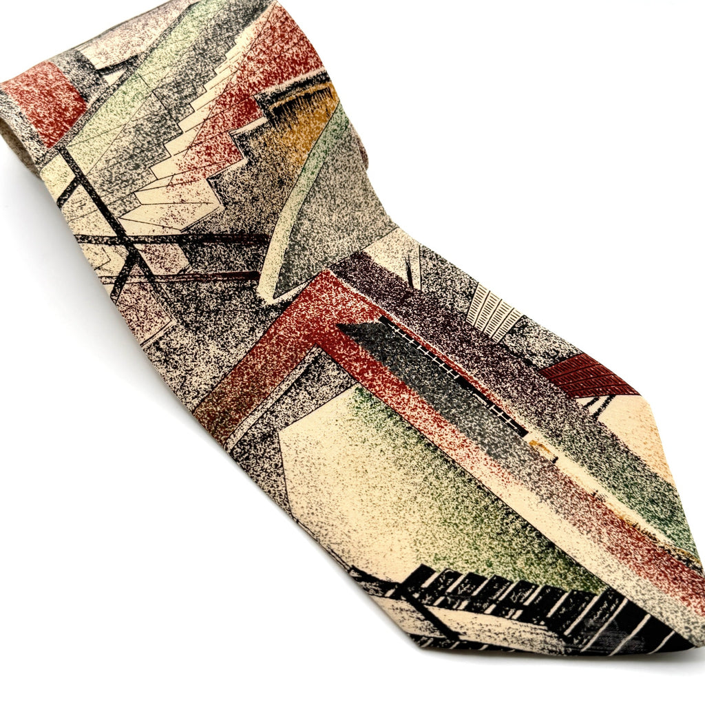 Vintage 90s Index Tan 100% Silk Bauhaus Architectural Staircase Necktie