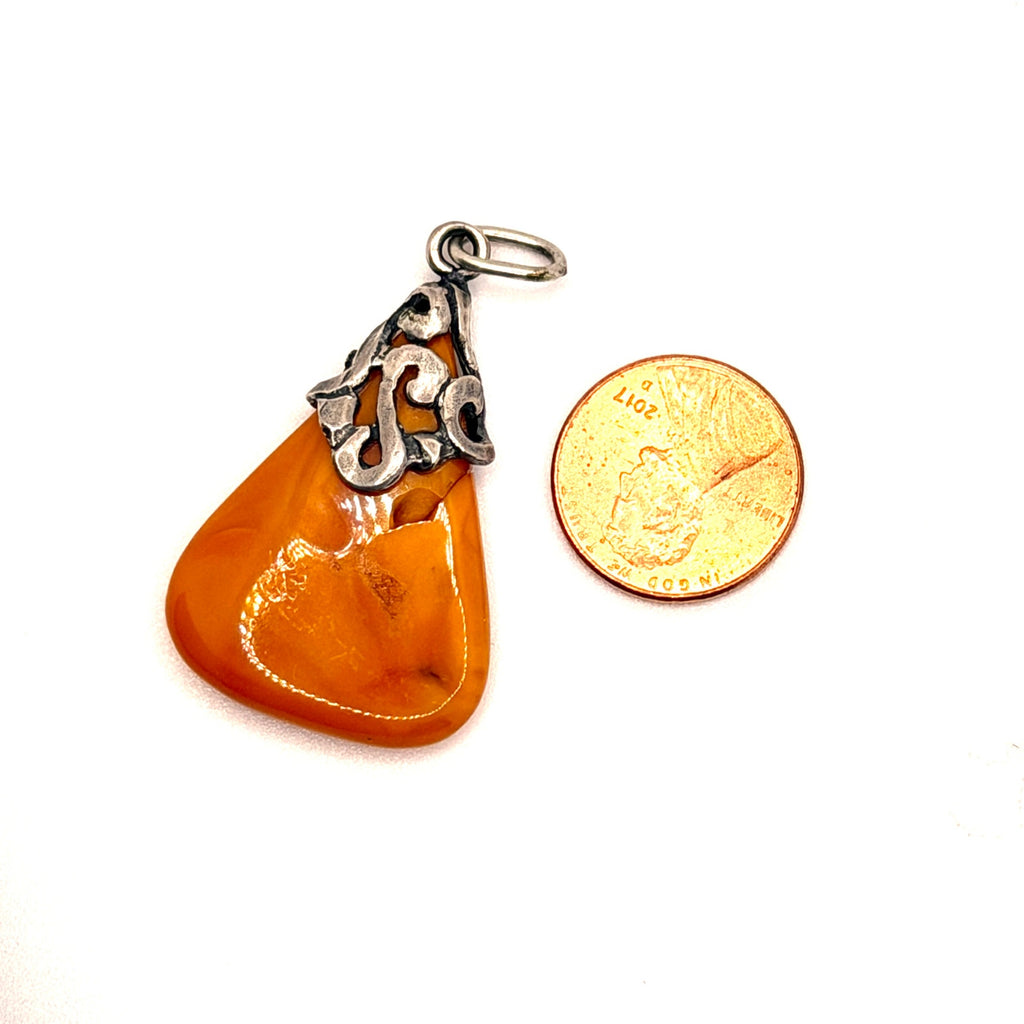Vintage Orange Butterscotch Amber Sterling Silver Teardrop Pendant