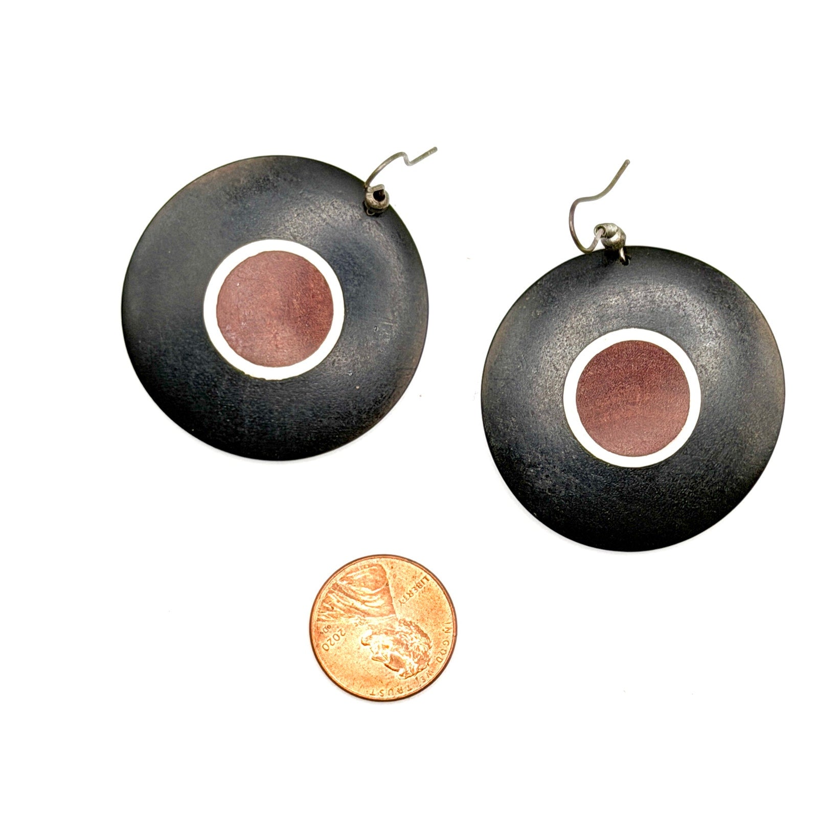 Vintage 80s Afrocentric Tribal Black Brown Wood Disc Drop Hook Earrings
