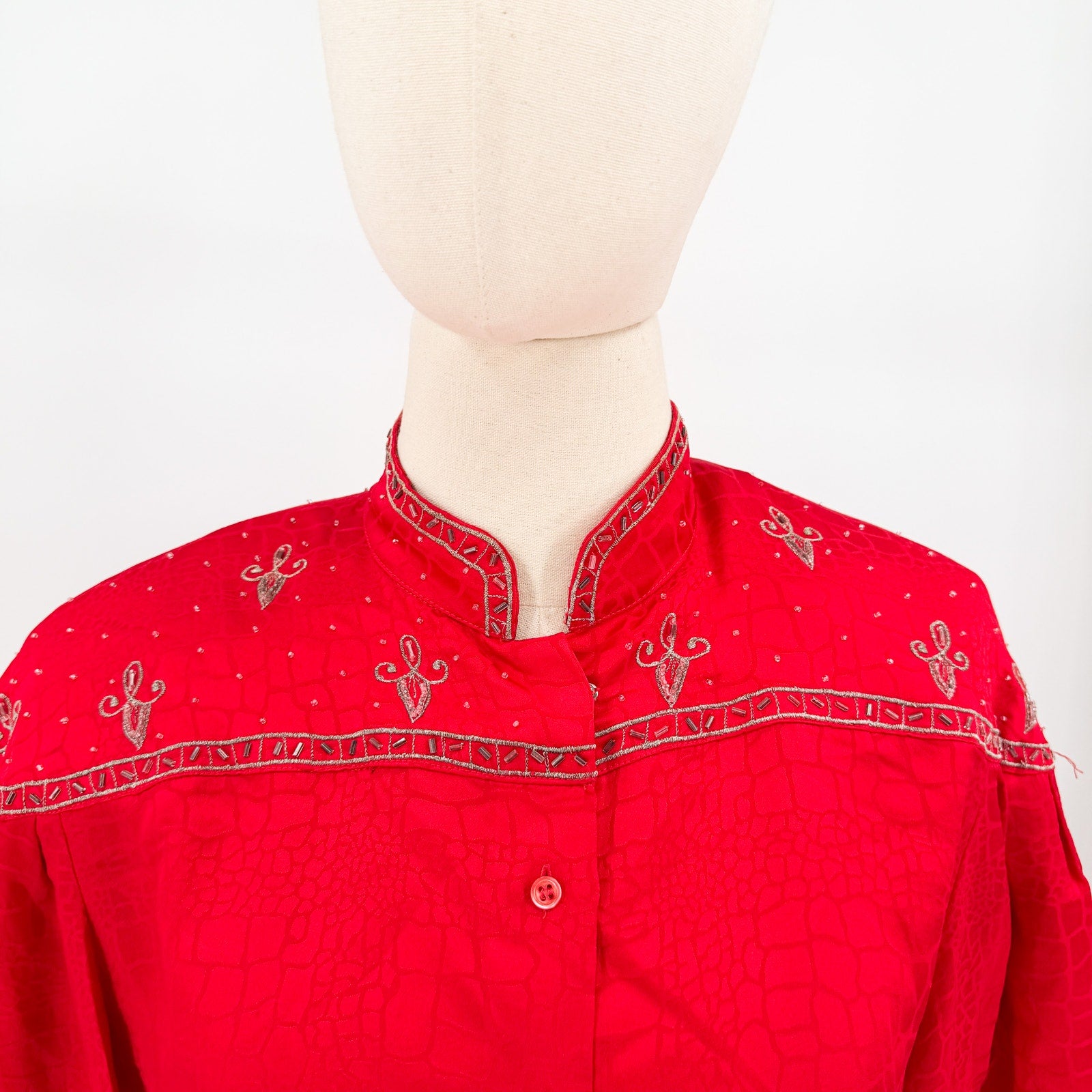 Vintage 80s Anne French Red 100% Silk Beaded Jacquard Skirt Set