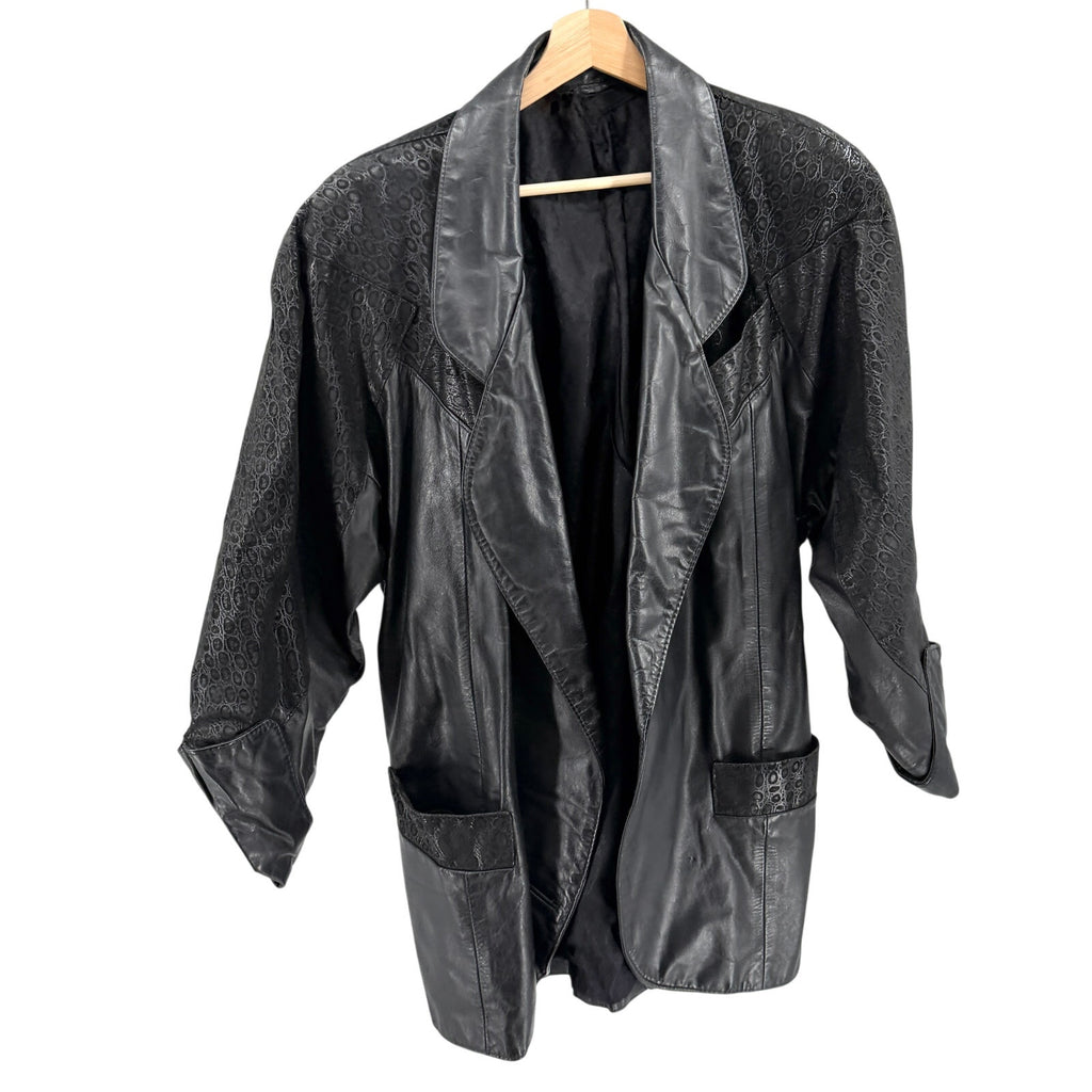 Vintage 80s Black Genuine Leather Textured Panel Blazer Jacket