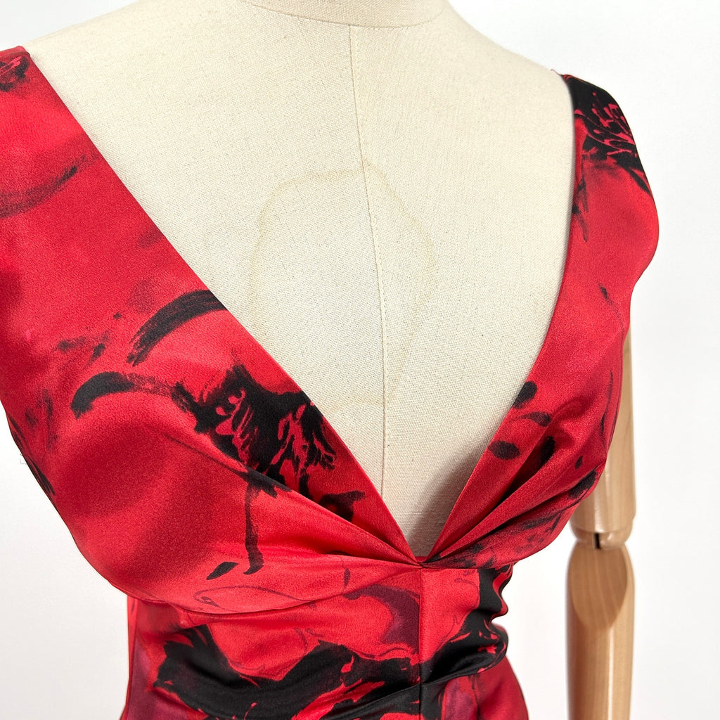 Vintage 90s Jump Apparel Red Satin Floral Evening Gown Dress