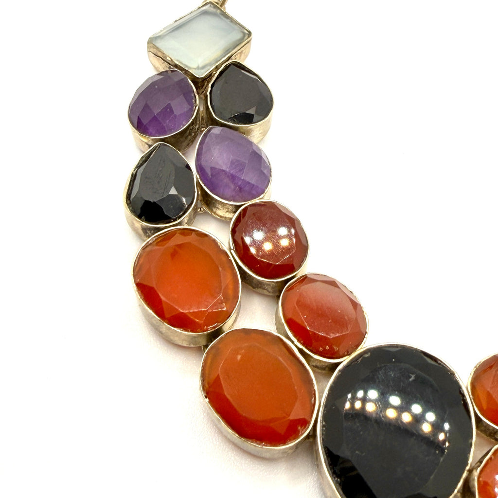 Vintage 90s Stamped Taxco Sterling Silver Multistone Statement Bib Necklace
