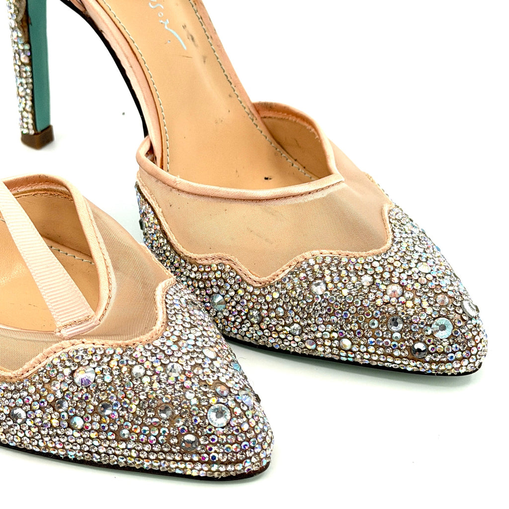 Betsey Johnson Iris Blush Pink Rhinestone Lace  Ribbon Tie Stiletto Heels
