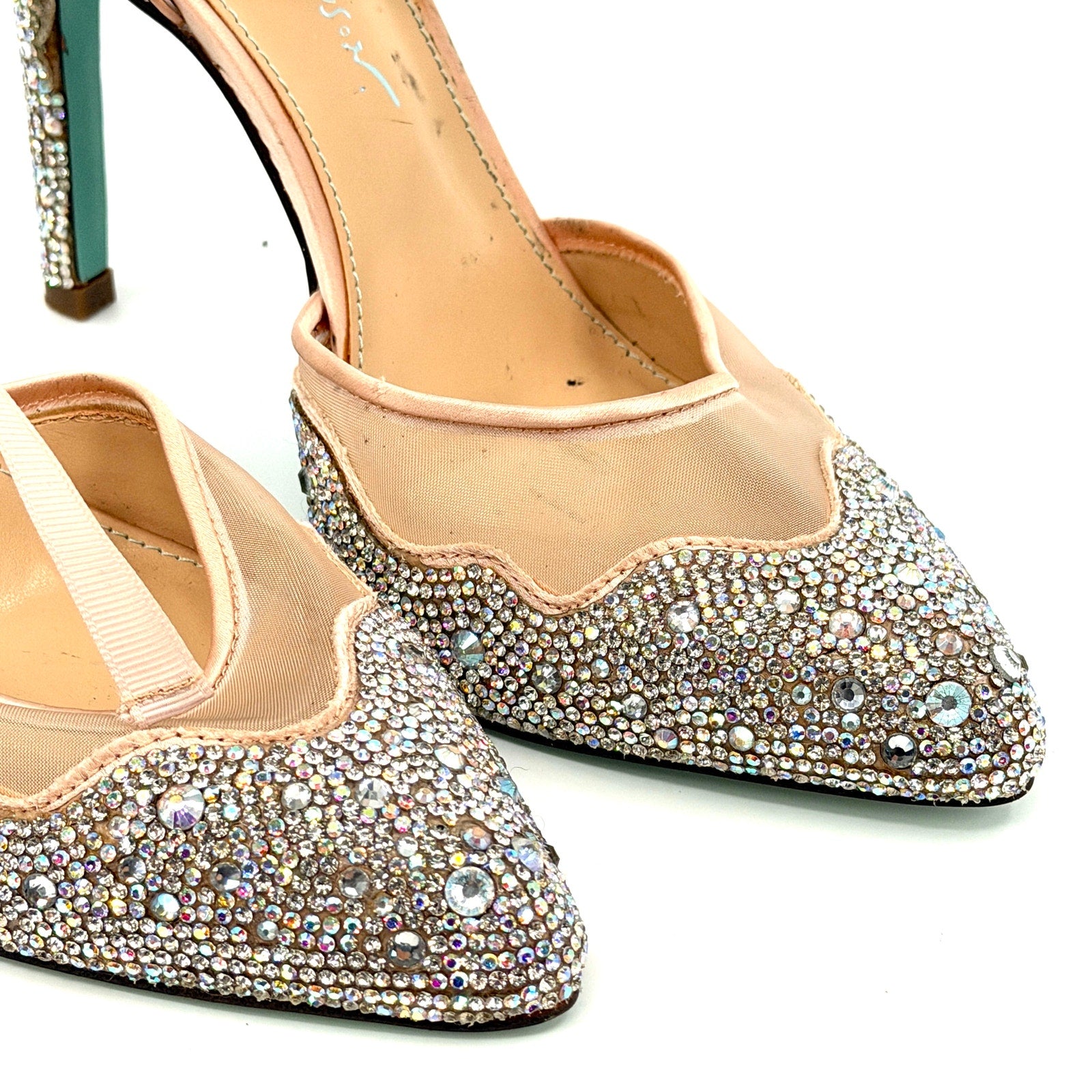 Betsey Johnson Iris Blush Pink Rhinestone Lace  Ribbon Tie Stiletto Heels