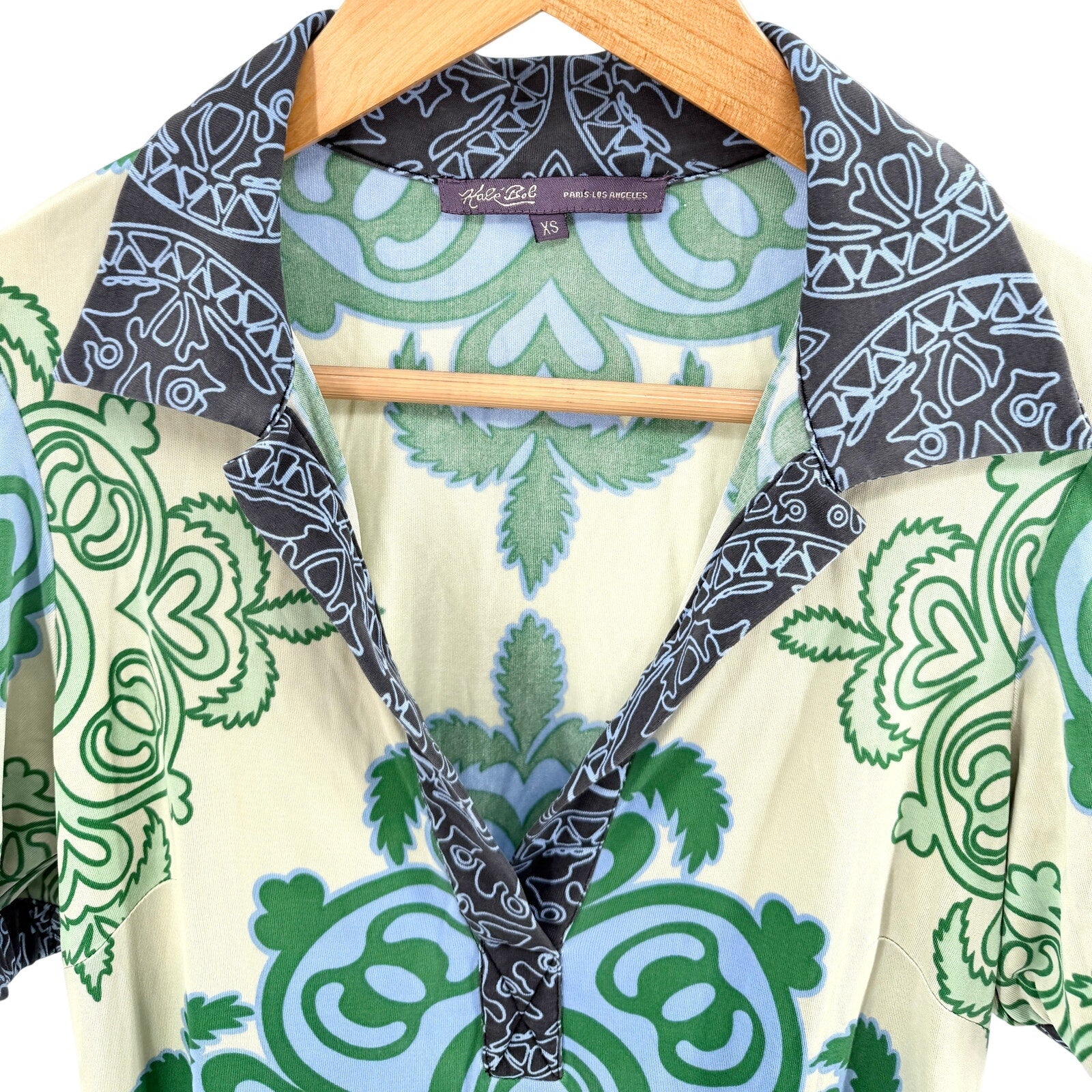 Vintage Y2K Hale Bob Green 100% Silk Graphic Print Polo Mini Dress