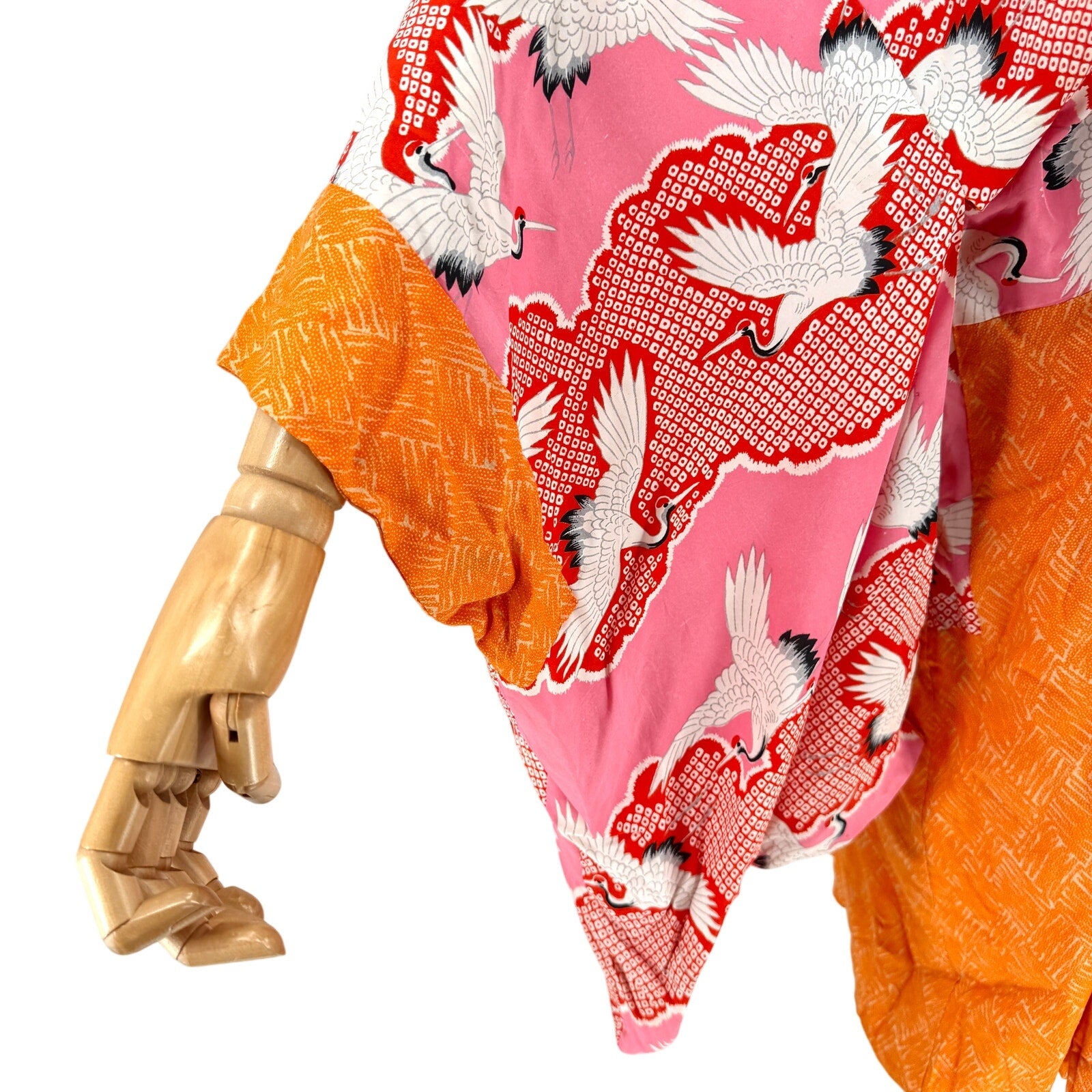 Vintage 60s Showa Era Pink Orange Silk Crane Motif Haori Kimono Jacket