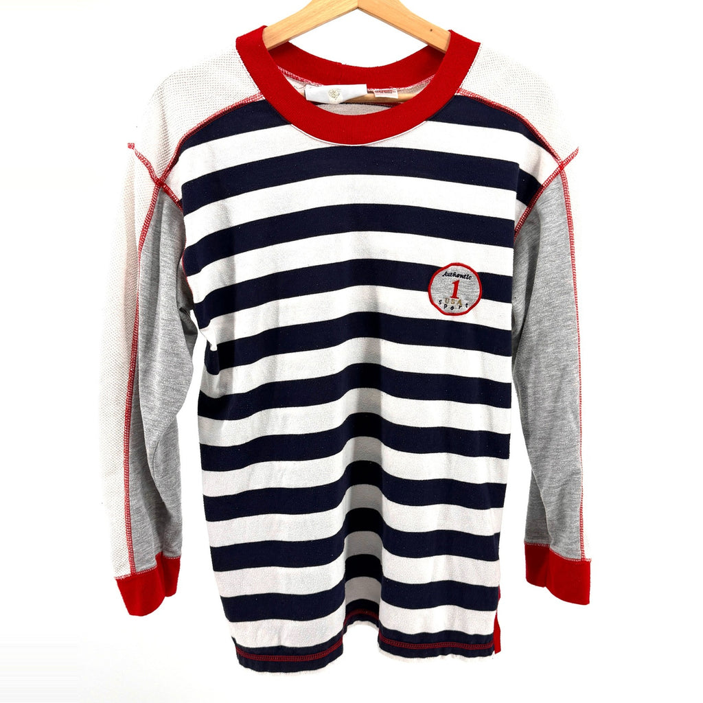 Vintage 90s Folette Navy White Stripe Red Trim Long Sleeve Sport Shirt