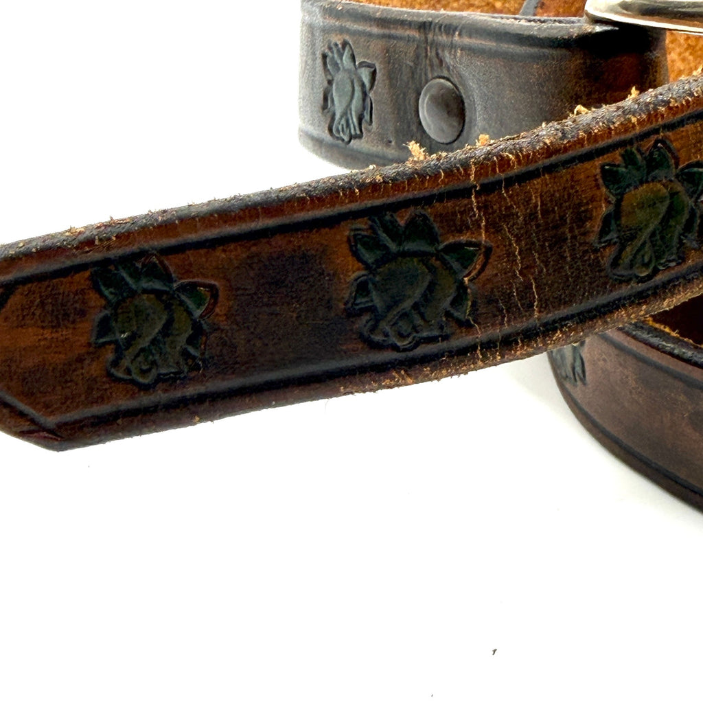 Vintage 70s Brown Genuine Leather Hand Stamped Green Rose Boho Western Belt