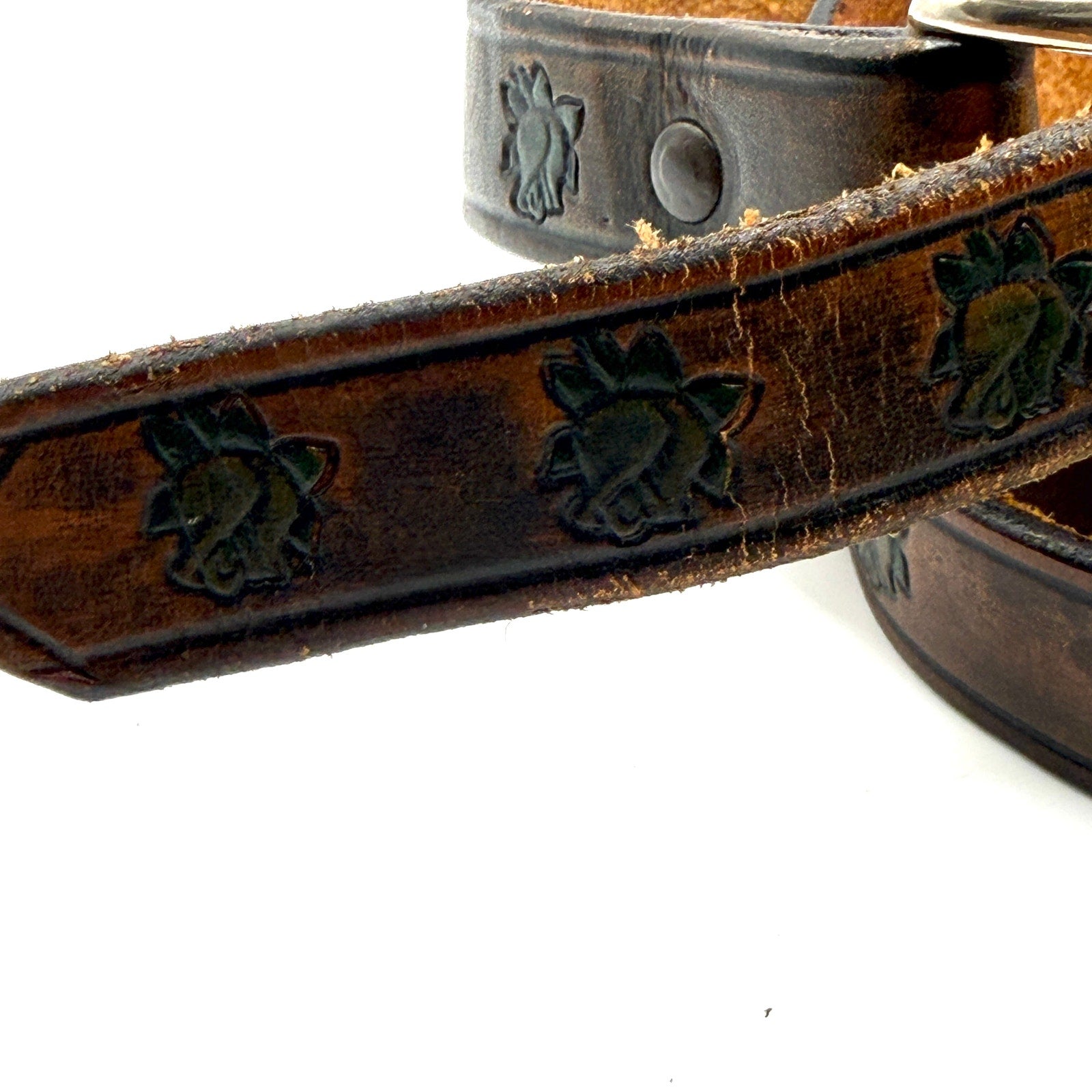 Vintage 70s Brown Genuine Leather Hand Stamped Green Rose Boho Western Belt