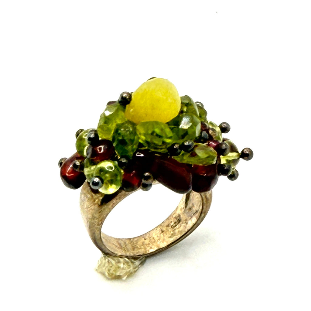 Vintage Y2K Sterling Silver Stamped Multi Gemstone Peridot Garnet Cluster Ring